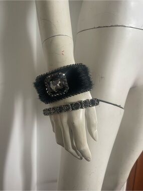 Black Faux Fur Cuff Bracelet with Large Smoky Crystal + Smoky Crystal bracelet